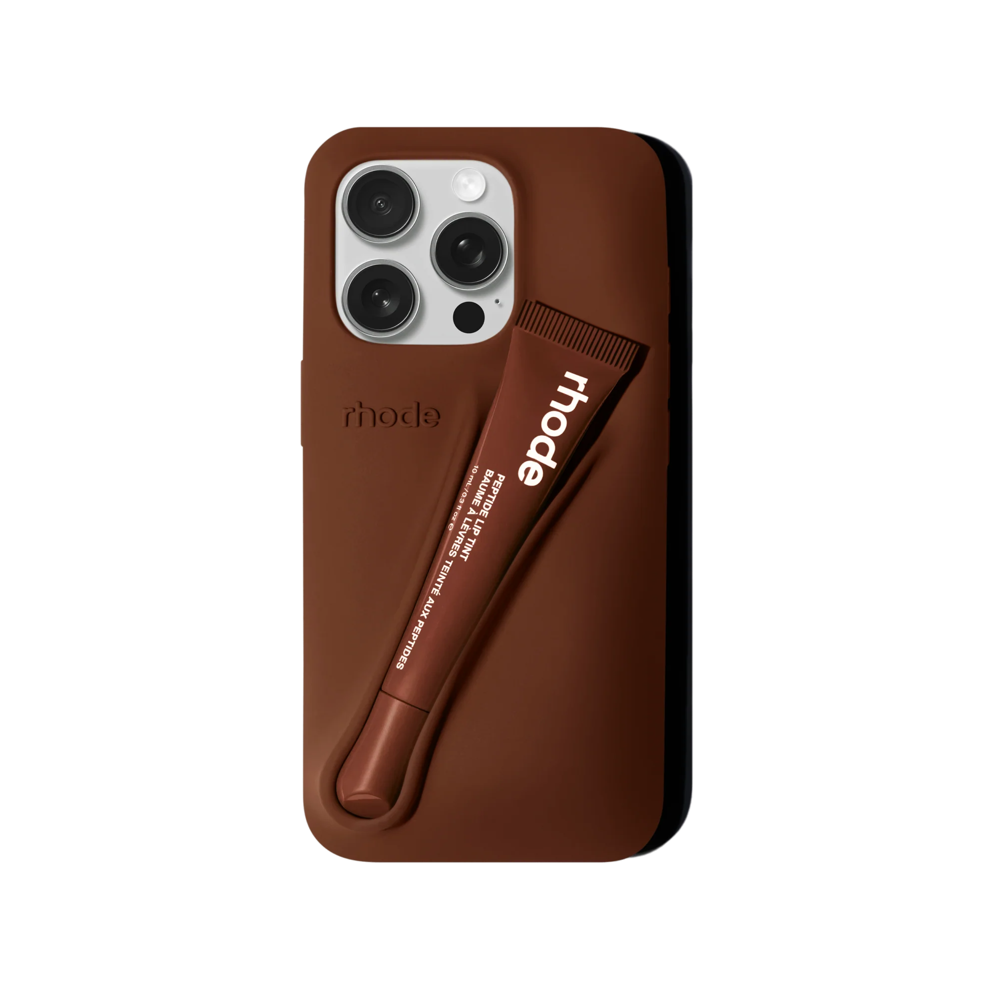 Rhode Peptide Lip Tint in a bronze phone case